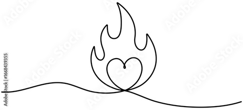 Fire with heart shape inside continuous line drawing. Love burning fire flame. Vector illustration isolated on white.