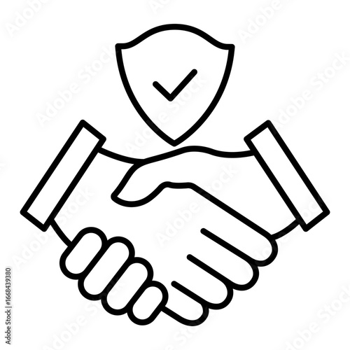 Handshake and shield line icon. Agreement concept with checkmark. Protect secure sign. Trust symbol. Vector isolated on white.