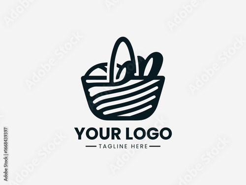 Woven basket filled with fresh bakery items in warm artisanal vector logo