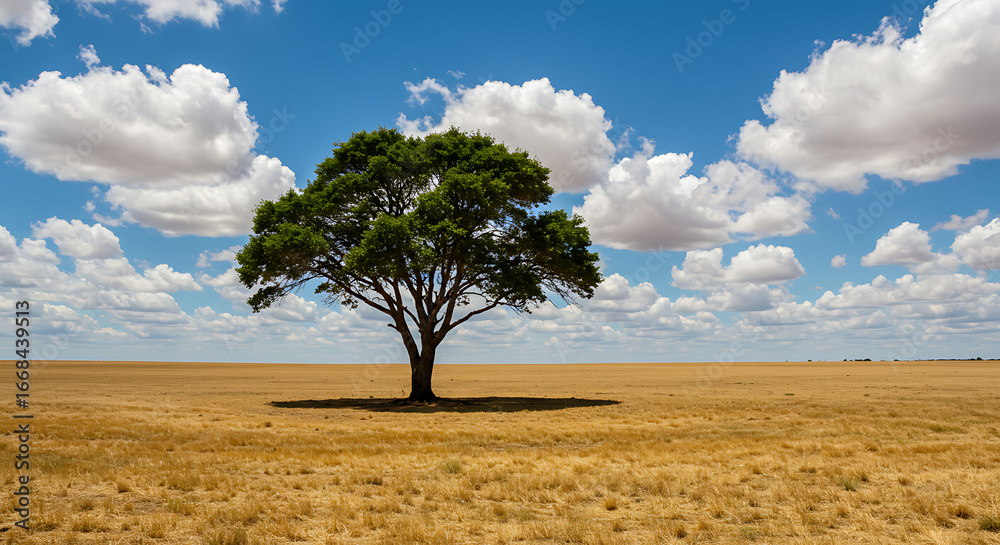 Fototapeta premium A Majestic Lone Tree Stands Resiliently in a Vast Golden Grassland Under a Brilliant Blue Sky Adorned with Fluffy White Clouds.