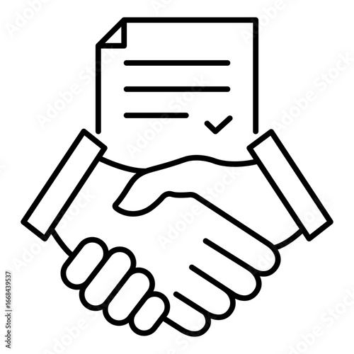 Handshake with document and checkmark. Business teamwork concept. Contract line icon. Financial deal pictogram. Vector isolated on white.