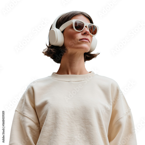 A person wearing headphones and sunglasses,  enjoying music. Isolated on a pure white background, ideal for cutout use.