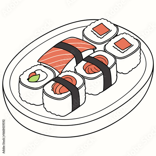 A plate of sushi in cartoon style illustration