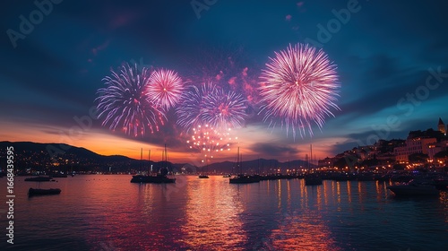 Fireworks Over Sea at Dusk for Celebration - Themed Visuals