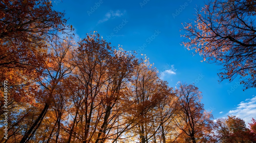 Fototapeta premium Beautiful autumn season forest with orange red leaves and bright sunlight.