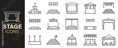 Vector outline icons of stages for drama, concerts, and theatrical events.