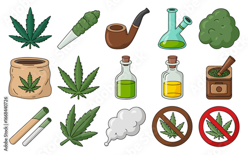 Collection of cannabis related elements with marijuana leaves joints and smoking accessories in flat design style for various uses