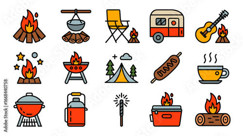 Camping Adventure Icons Set Featuring Bonfire Tent Guitar and Marshmallow Vector Illustration for Outdoor Activities and Nature Enthusiasts