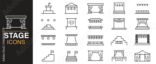 Modern stage icons showing performance halls, lighting setups, and podiums.