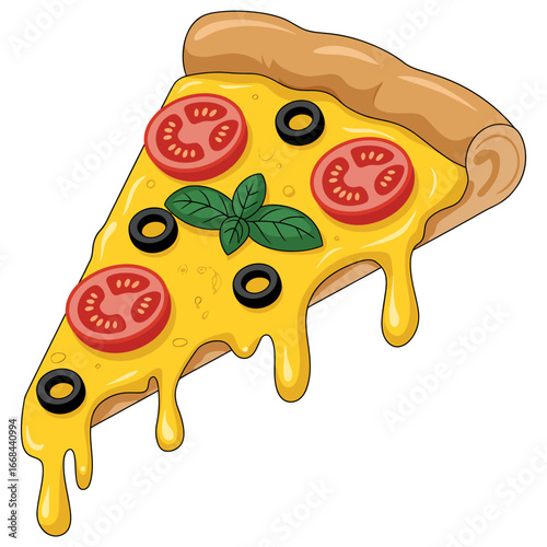 Delicious Pizza Slice with Melting Cheese Tomatoes Olives and Basil Cartoon Illustration for Food Lovers and Restaurant Promotions