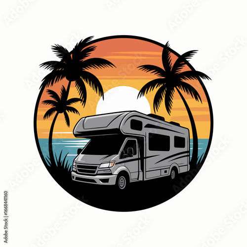 RV Camping by the Tropical Beach Illustration Sunset Palms Recreational Vehicle Adventure Vacation Travel Destination Motorhome Road Trip Getaway Exploring Paradise Serene Coastline Leisure