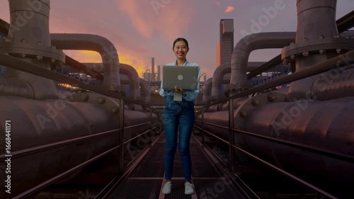 Wallpaper Mural Full Body Of Asian Female With Her Laptop, Industrial Pipeline Network at Sunset, She Is Looking At The Camera With A Smile Torontodigital.ca
