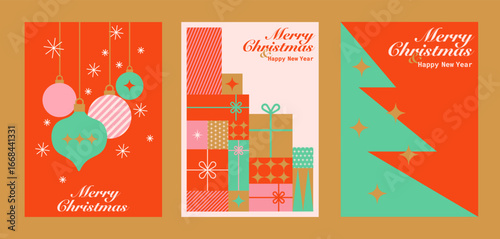 Festive Merry Christmas and Happy New Year Greeting Cards Set