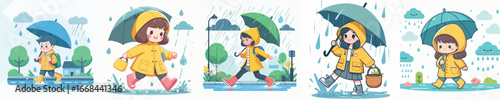vector of a girl playing in the rain wearing raincoat