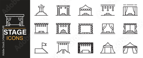 Vector set of stage icons with theater curtains, podiums, and concert platforms in line art.