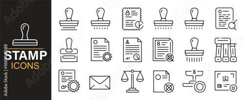 Set of official stamp and seal icons for notary, law, and certified documents.