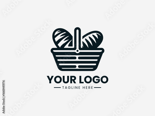 Woven basket filled with fresh bakery items in warm artisanal vector logo