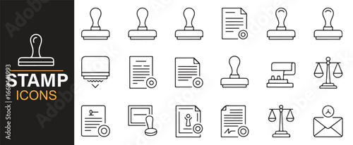 Outline icons of stamps, justice scales, and signed papers for contracts and approval.