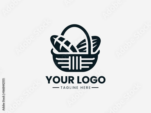 Woven basket filled with fresh bakery items in warm artisanal vector logo