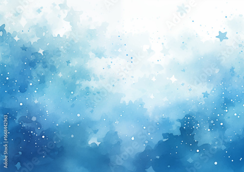 A blue and white watercolor background with stars and clouds vector illustration. Envision a calming setting with a serene blue and white watercolor background, embellished with stars and gentle cloud