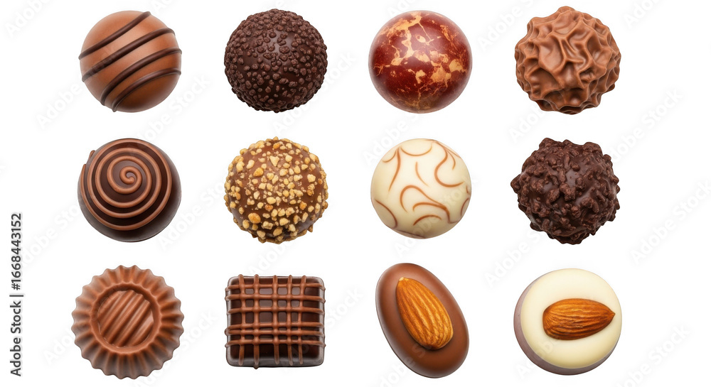 Fototapeta premium Assortment of gourmet chocolates and pralines with various fillings and toppings, isolated on transparent background
