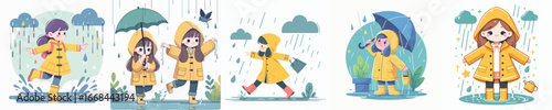 vector of a girl playing in the rain wearing raincoat