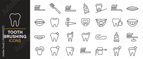 Collection of vector icons showing tooth brushing, dental floss, toothpaste, and smiles.