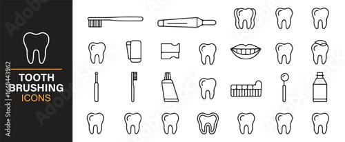 Minimalist icons of teeth, toothbrushes, and dental care tools for oral health.
