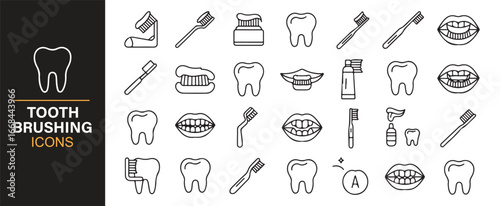 Dental hygiene icon set representing toothbrushes, toothpaste, and dental products.