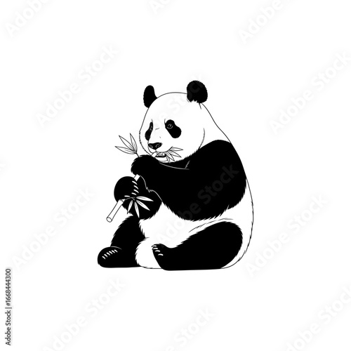 Hand-drawn sketch of a cute and serene giant panda sitting and leisurely eating bamboo. This black and white illustration perfectly captures the gentle nature and unique charm of this beloved and symb
