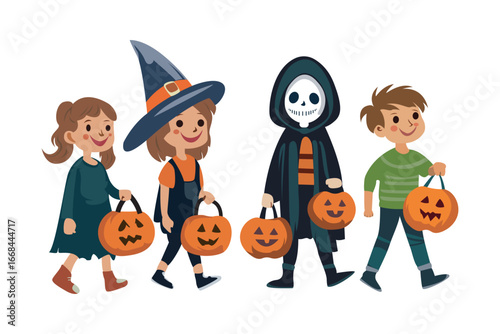 Kids in halloween costumes with Pumpkin buckets. Cute children trick or treating in spooky costumes holding jack o’ lantern pails