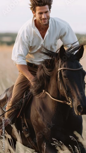 Riding a majestic black horse through golden fields during a serene sunset