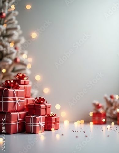 Lots of red gifts on a Christmas tree background, grey background with gold sequins, a place for text. Christmas background. 