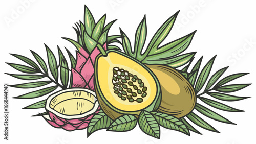 Illustration of tropical fruits including papaya dragon fruit and palm leaves arrangement design element