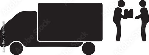 Simple Black Icon: Delivery Truck and Two People Exchanging Package