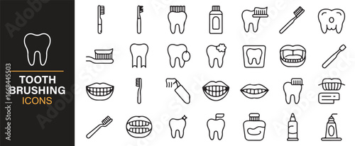 Modern dental hygiene icons featuring teeth, toothpaste, floss, and toothbrush illustrations.