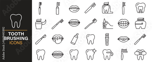 Vector set of tooth brushing icons with toothbrushes, paste, floss, and oral care essentials.