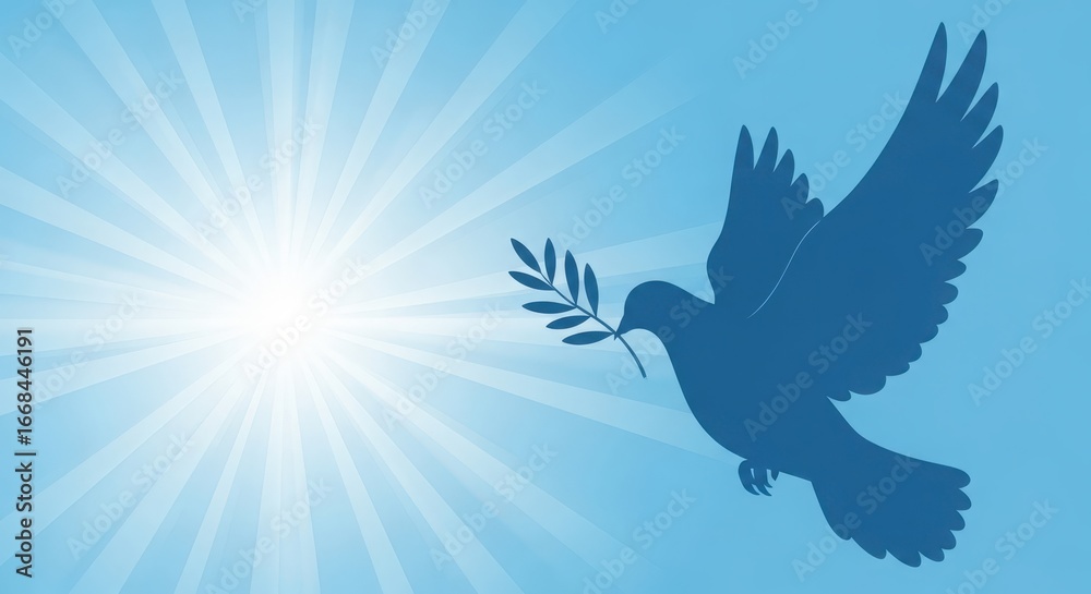 Fototapeta premium Peaceful dove carrying an olive branch against a bright blue sky with sun rays symbolizing hope