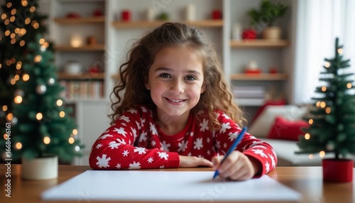 A little girl sits at a table with a pen in her hand and, smiling, writes a letter to Santa Claus. Christmas decor in the room, Christmas tree.