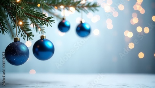 Blue Christmas balls are hanging on a green Christmas tree, a garland is glowing, lights are on, a gray background with gold sequins, a place for text. Christmas background.