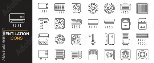 Ventilation and air purifier icons for construction, building, and HVAC engineering.