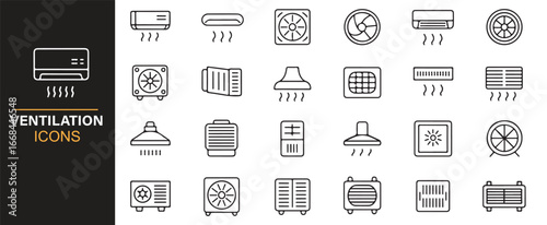 Line art icons of ventilation and climate appliances for indoor environmental design.