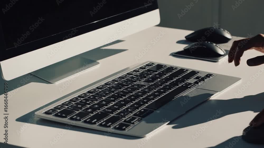 computer input keyboard and pointing mouse device positioned on workstation surface in office environment