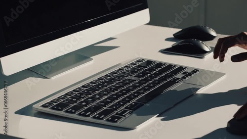 computer input keyboard and pointing mouse device positioned on workstation surface in office environment