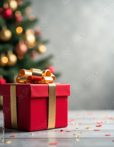 A red gift box with a golden bow on a gray background with gold sequins, a place for text. Christmas background. There is a Christmas tree with lights in the background.