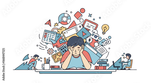 The Struggle of Overwhelmed Businessperson Drowning in Conflicting Tasks and Heavy Burden
