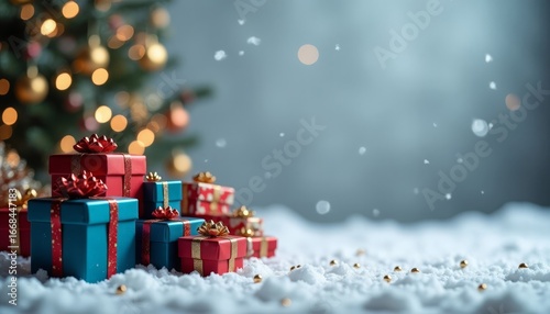 Lots of blue and red gifts with a gold ribbon on the background of a Christmas tree and snow, a gray background with gold sequins, a place for text. Christmas background.
