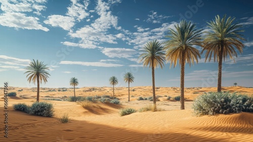 Serene Desert Landscape with Palm Trees and Blue Sky Background