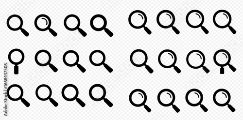 Collection of twenty-four magnifying glass icons, simple black silhouettes on white background.