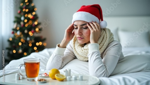 A young woman is lying in a white bed in a Santa hat, holding her head with her hands, she has a headache. In front of the bed is a glass mug with chamomile tea and pills. Treatment for Christmas.
